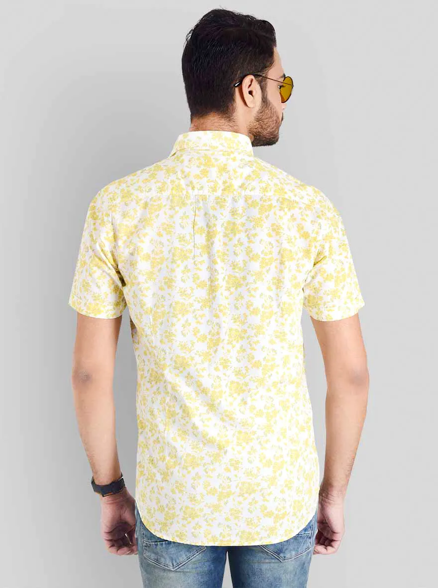 Lemon Yellow & White Printed Slim Fit Casual Shirt | JadeBlue