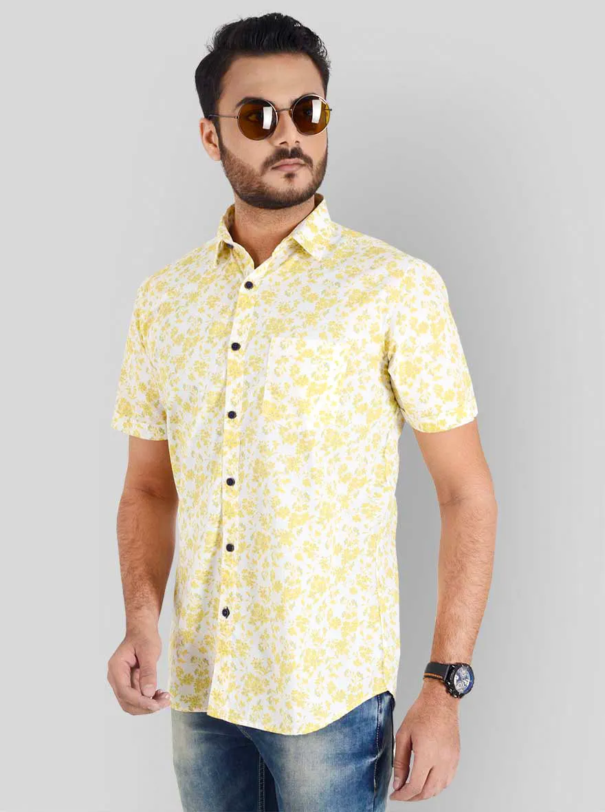 Lemon Yellow & White Printed Slim Fit Casual Shirt | JadeBlue