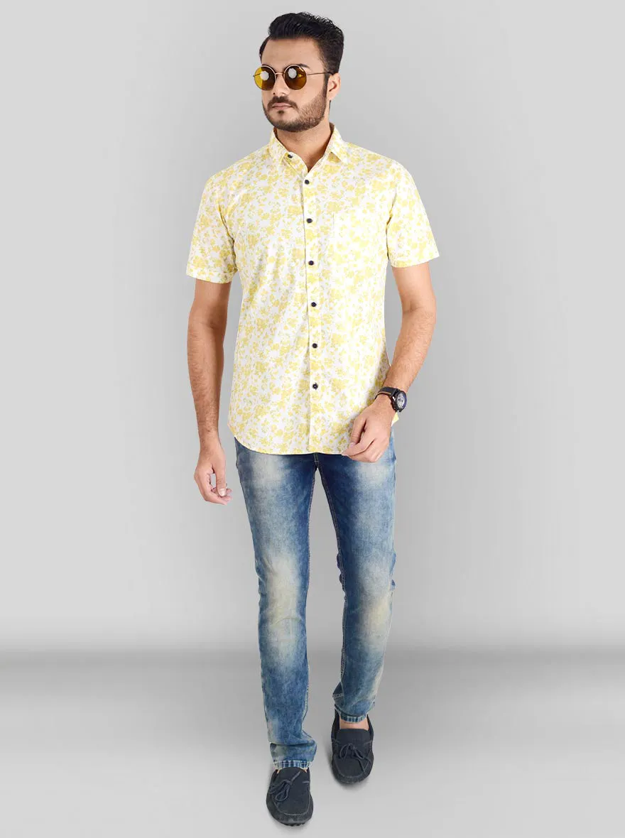 Lemon Yellow & White Printed Slim Fit Casual Shirt | JadeBlue