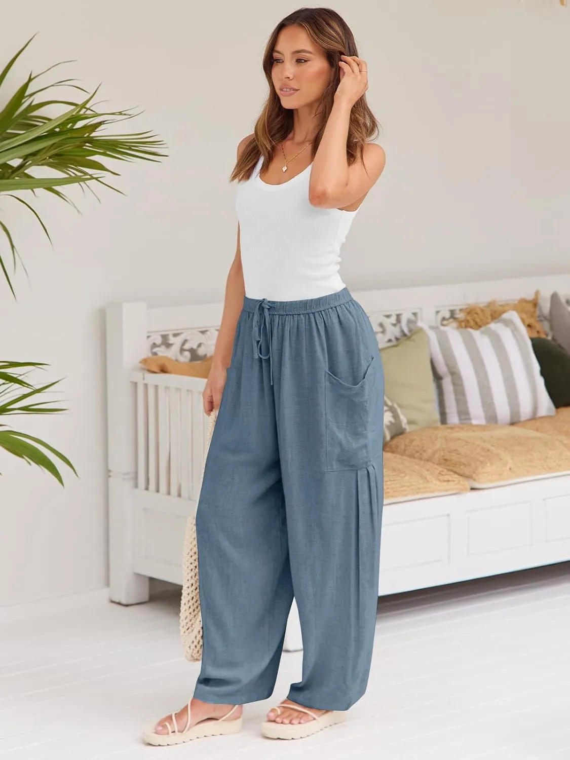 LILLUSORY Womens Linen Wide Leg Pants 2025 Casual Loose Lightweigt Beach Palazzo Harem Pants