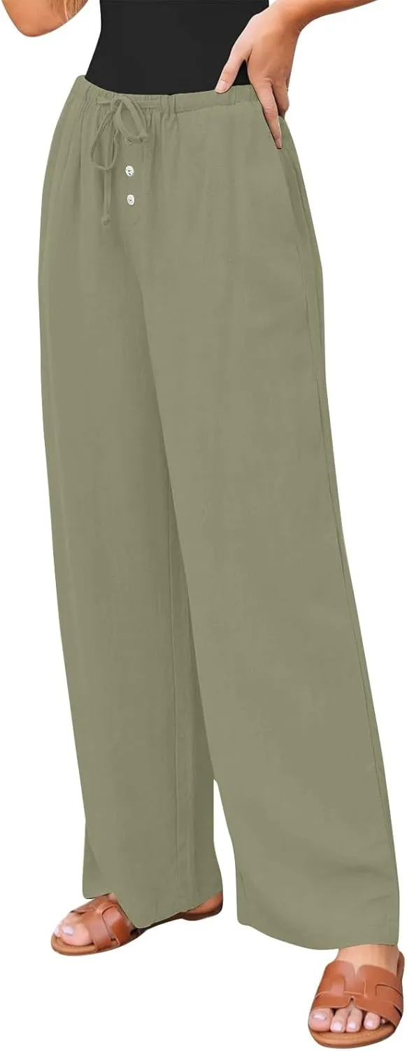 Linen Wide Leg Pants for Women Casual High Waisted Loose Fit Palazzo Pants Summer Flowy Lounge Trousers with Pockets
