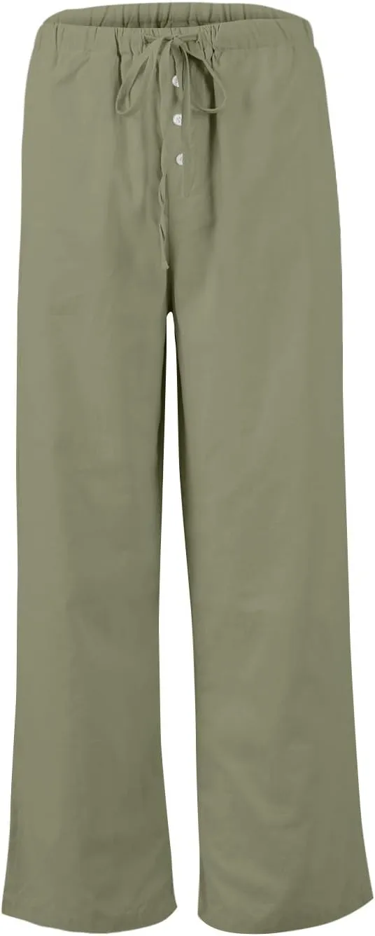 Linen Wide Leg Pants for Women Casual High Waisted Loose Fit Palazzo Pants Summer Flowy Lounge Trousers with Pockets