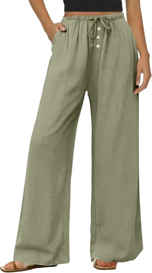 Linen Wide Leg Pants for Women Casual High Waisted Loose Fit Palazzo Pants Summer Flowy Lounge Trousers with Pockets