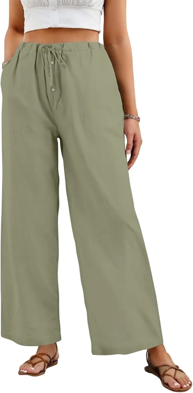 Linen Wide Leg Pants for Women Casual High Waisted Loose Fit Palazzo Pants Summer Flowy Lounge Trousers with Pockets