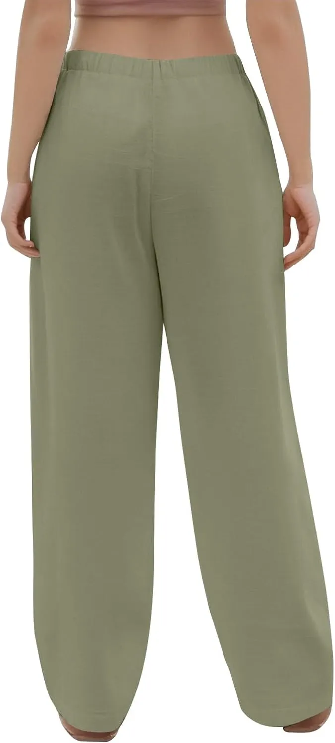 Linen Wide Leg Pants for Women Casual High Waisted Loose Fit Palazzo Pants Summer Flowy Lounge Trousers with Pockets