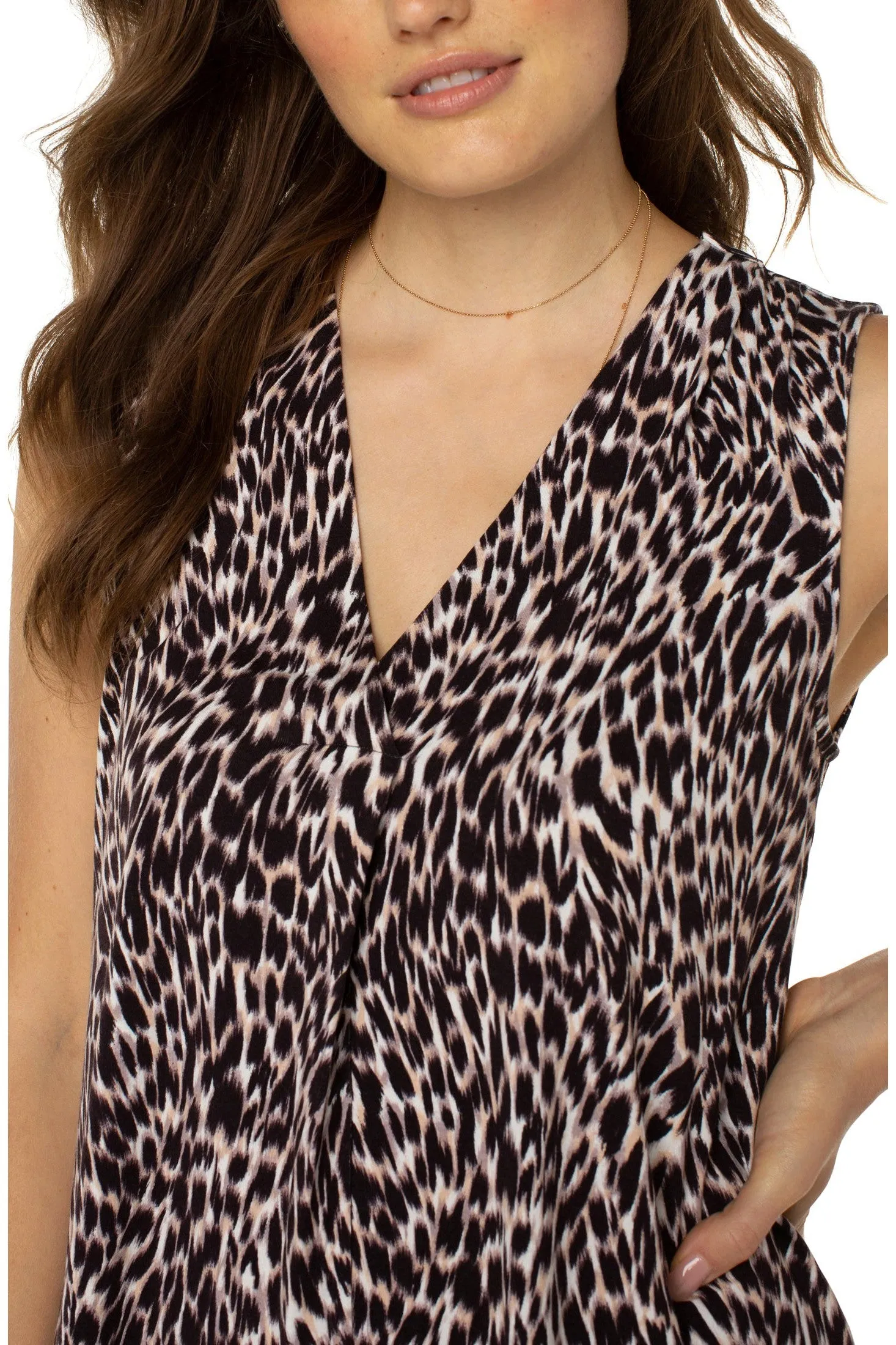 Liverpool Sleeveless V-Neck Top With Tucks In Animal Print
