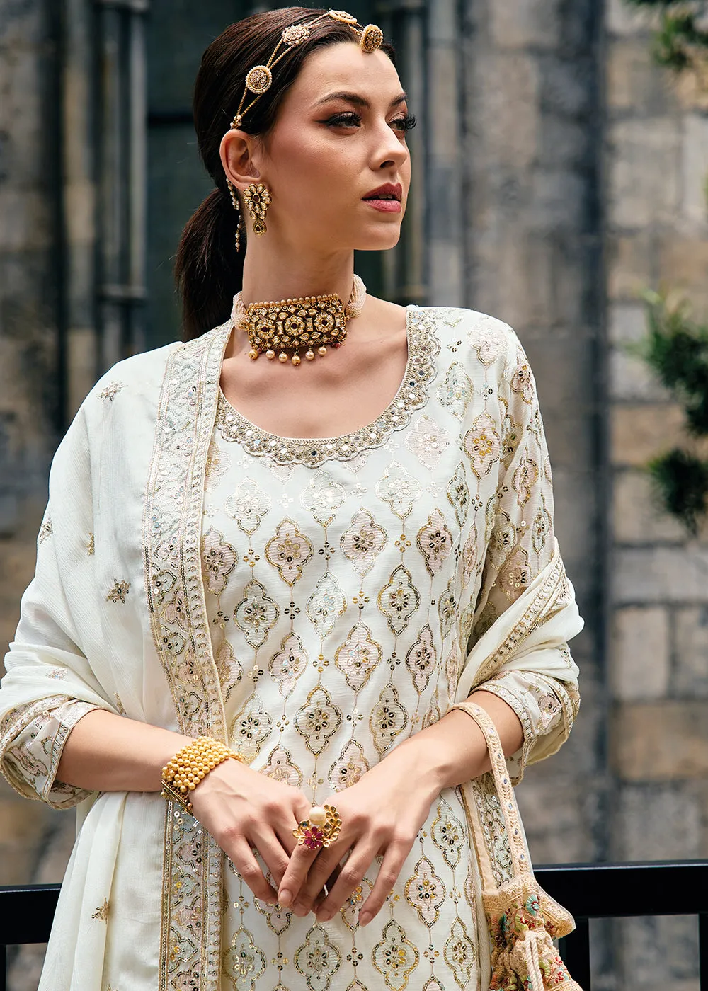Majestic Off White Heavy Chinnon Khatli Embroidered Palazzo Suit
