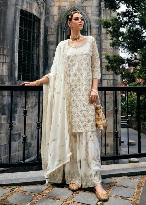 Majestic Off White Heavy Chinnon Khatli Embroidered Palazzo Suit