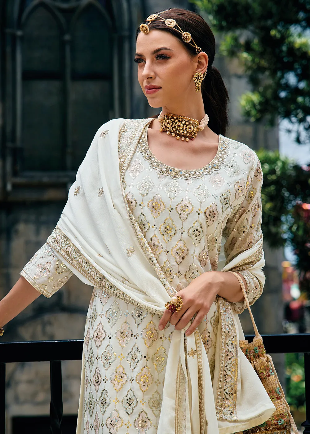 Majestic Off White Heavy Chinnon Khatli Embroidered Palazzo Suit