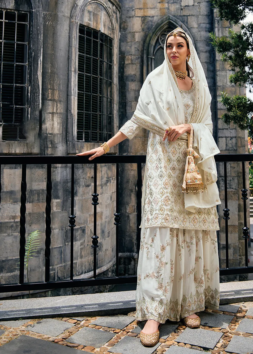 Majestic Off White Heavy Chinnon Khatli Embroidered Palazzo Suit