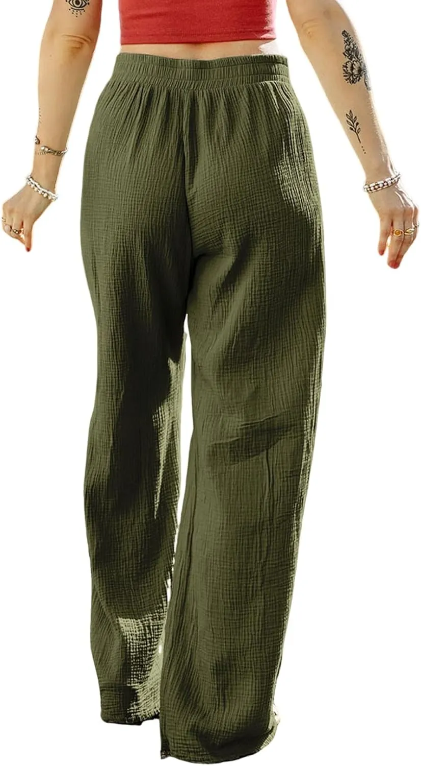 MARZXIN Women Linen Palazzo Wide Leg Pants Casual High Waist Stretchy Fall Loose Long Pants Trousers with Pockets