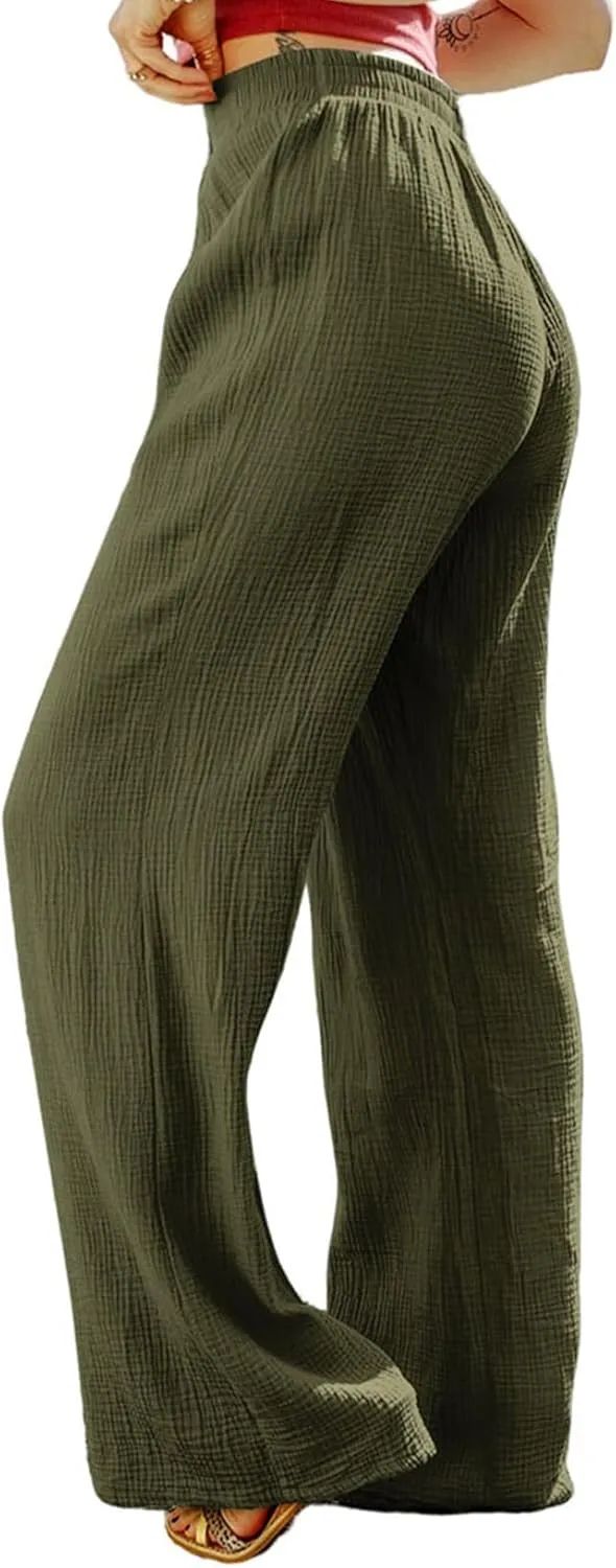 MARZXIN Women Linen Palazzo Wide Leg Pants Casual High Waist Stretchy Fall Loose Long Pants Trousers with Pockets