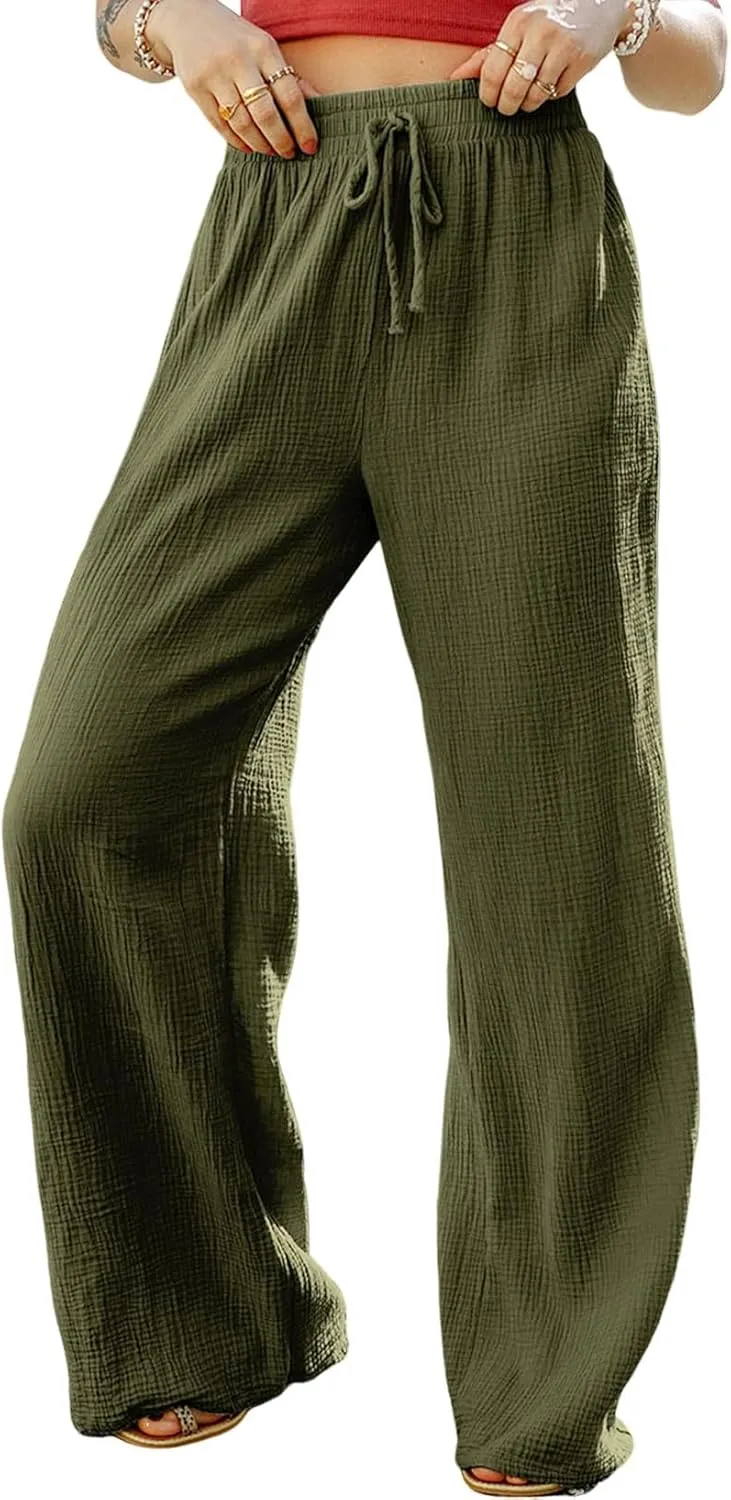 MARZXIN Women Linen Palazzo Wide Leg Pants Casual High Waist Stretchy Fall Loose Long Pants Trousers with Pockets