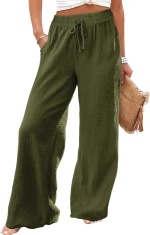 MARZXIN Women Linen Palazzo Wide Leg Pants Casual High Waist Stretchy Fall Loose Long Pants Trousers with Pockets