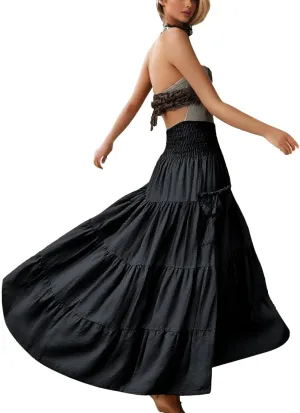 Maxi Boho Skirt Dresses for Women Long Cotton Hippie Bohemian Elastic Waist Gypsy Skirt Adjustable Dress Pockets