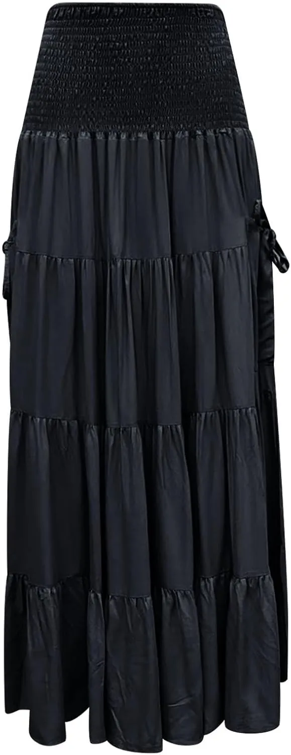 Maxi Boho Skirt Dresses for Women Long Cotton Hippie Bohemian Elastic Waist Gypsy Skirt Adjustable Dress Pockets