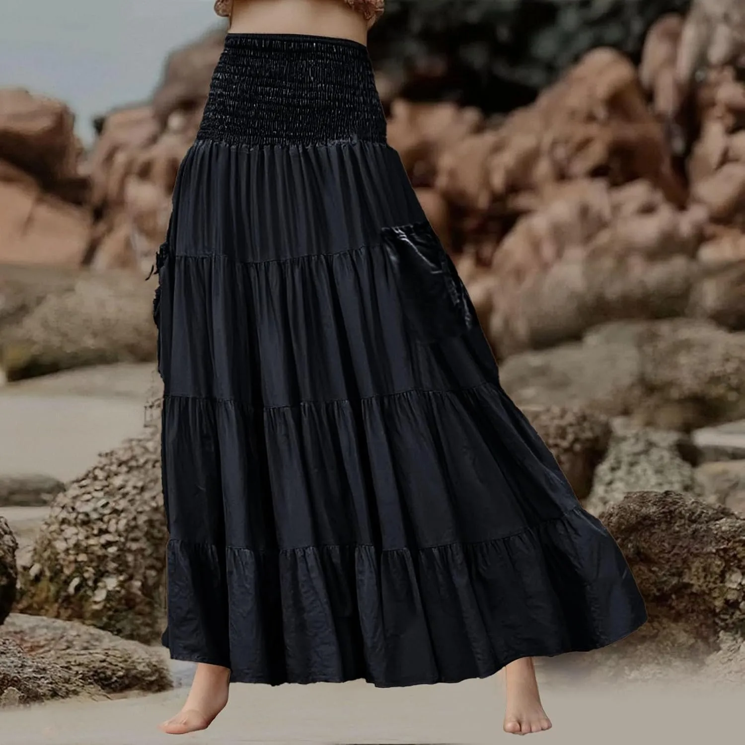 Maxi Boho Skirt Dresses for Women Long Cotton Hippie Bohemian Elastic Waist Gypsy Skirt Adjustable Dress Pockets