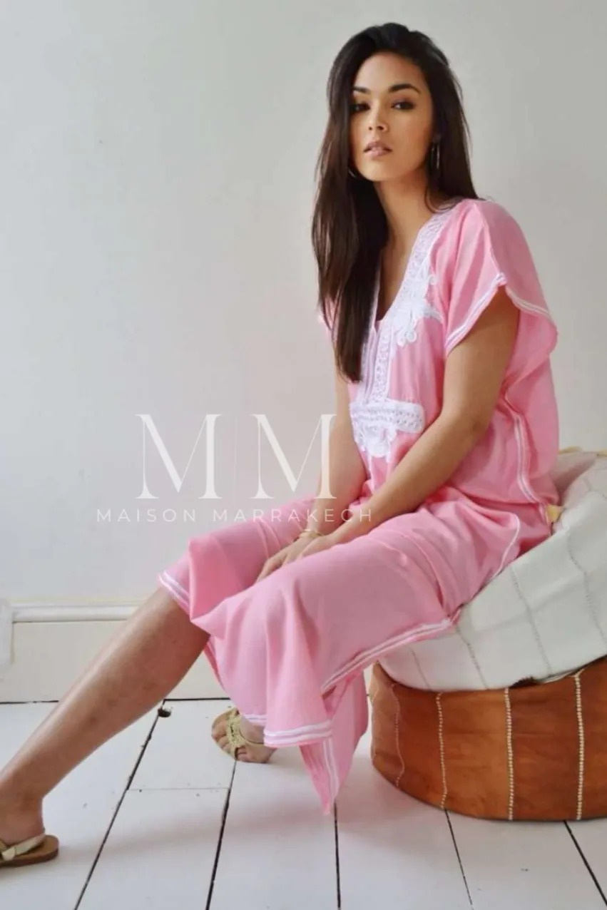 New Pink Marrakech Resort Lounge Wear Caftan Kaftan with White Embroidery-Moroccan Kaftan