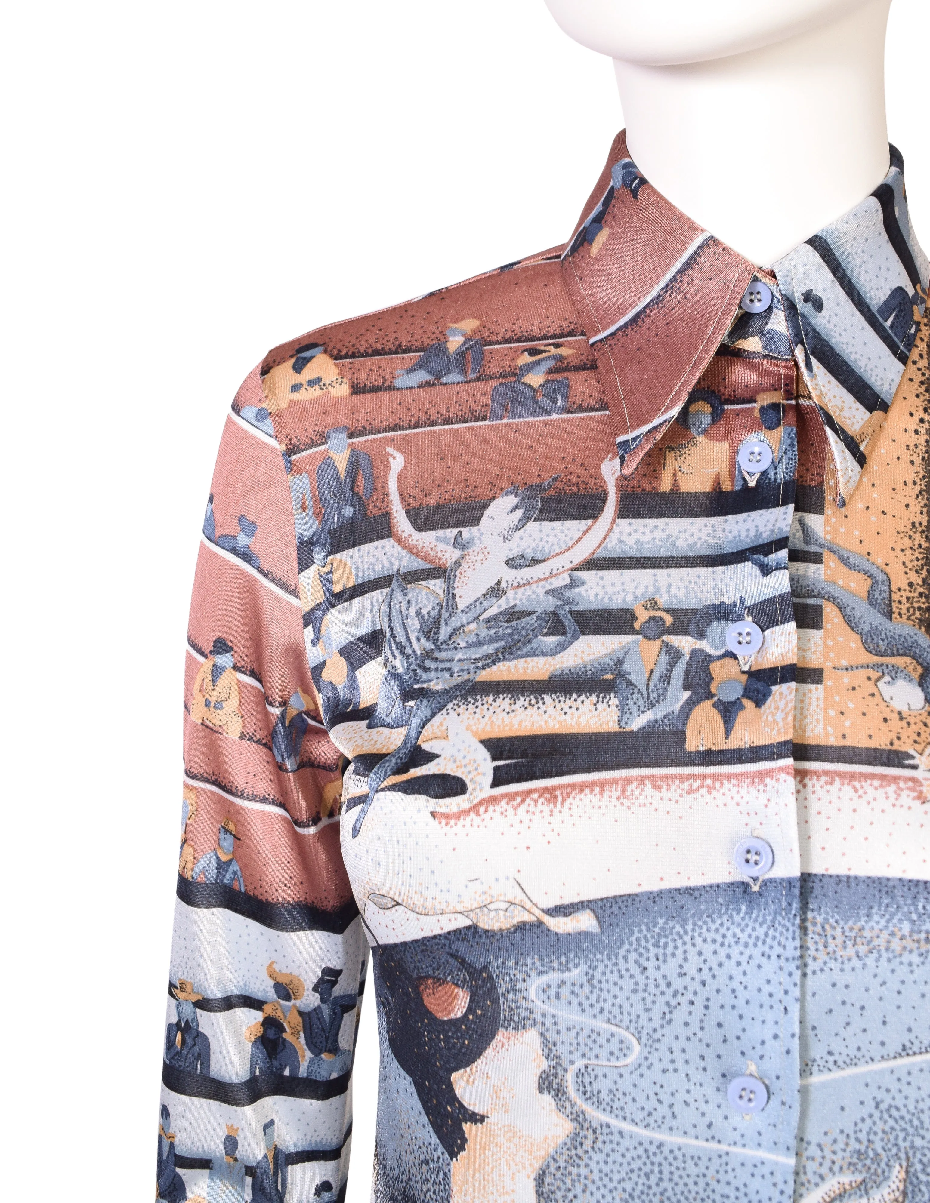 Nik Nik Vintage 1970s Blue Mauve Circus Clown Print Button Up Shirt