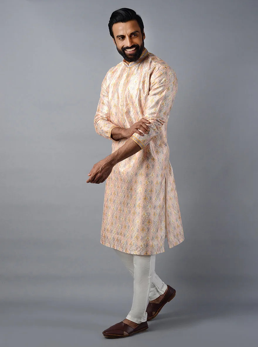 Peach Embroidered With Printed Regular Fit Kurta Set | TULA