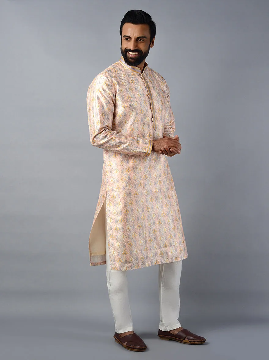 Peach Embroidered With Printed Regular Fit Kurta Set | TULA