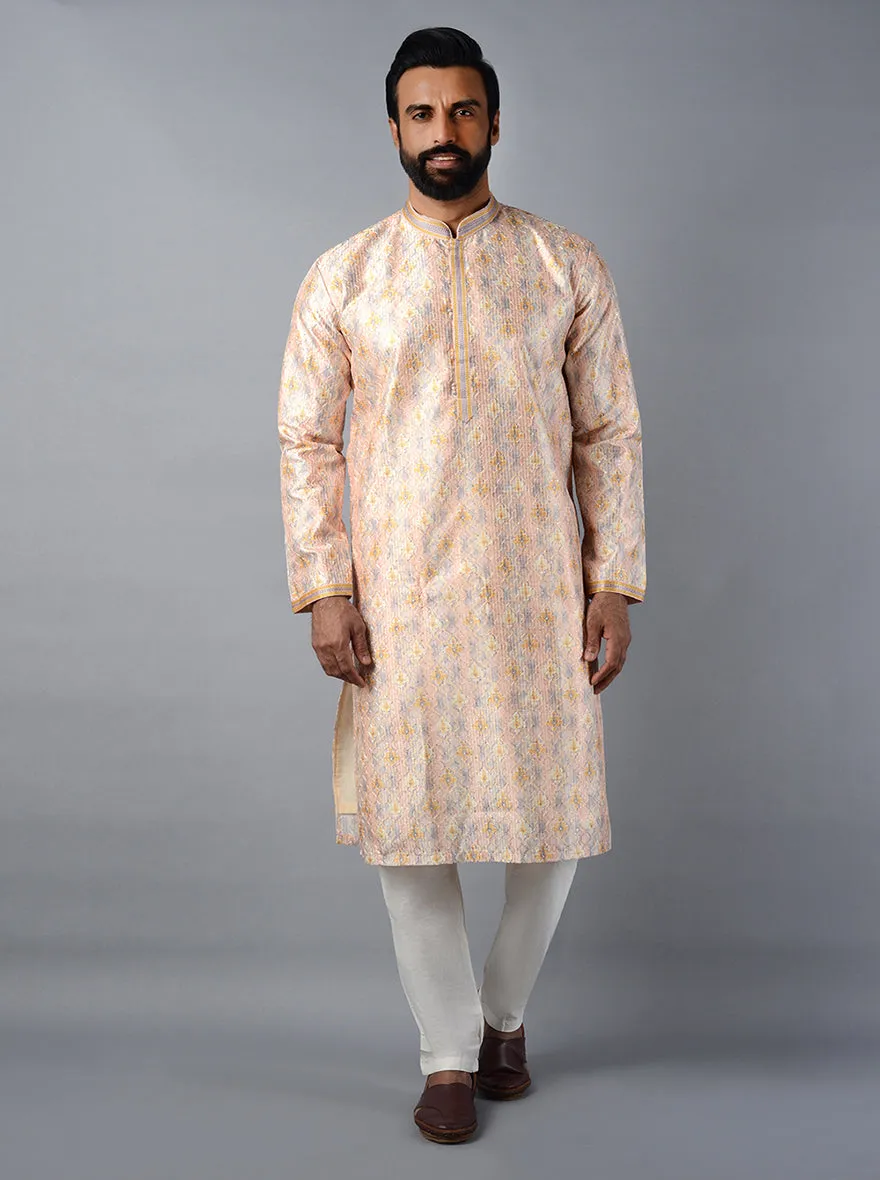Peach Embroidered With Printed Regular Fit Kurta Set | TULA