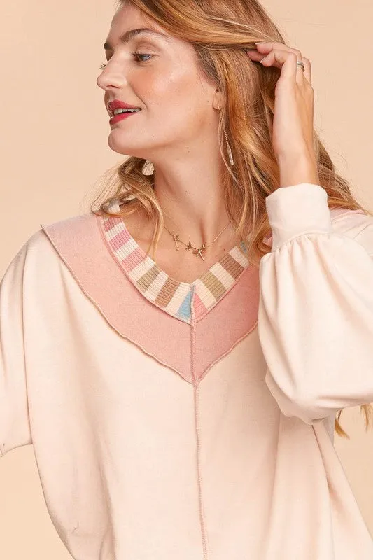 PLUS RAINBOW STRIPE RIB BANDED CHEVRON KNIT TOP