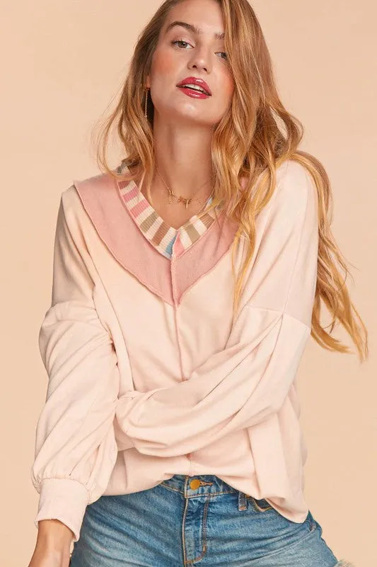PLUS RAINBOW STRIPE RIB BANDED CHEVRON KNIT TOP