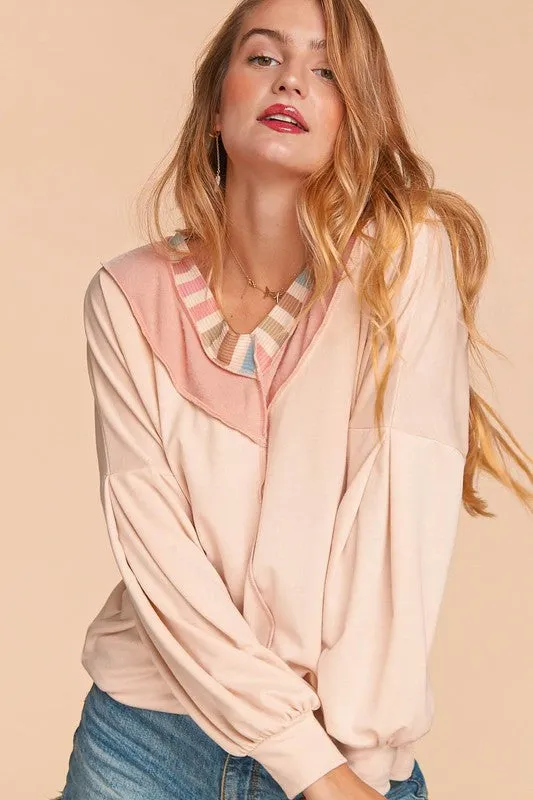 PLUS RAINBOW STRIPE RIB BANDED CHEVRON KNIT TOP