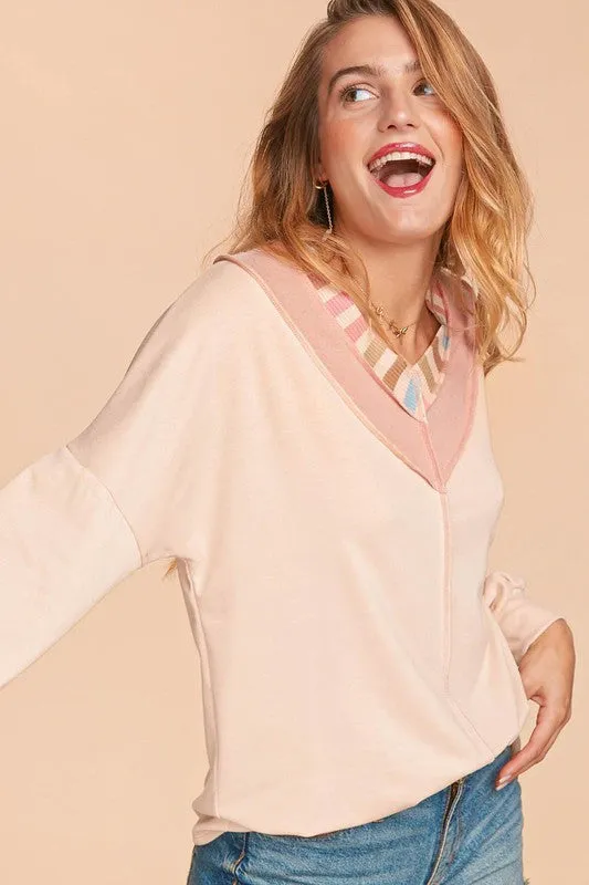 PLUS RAINBOW STRIPE RIB BANDED CHEVRON KNIT TOP