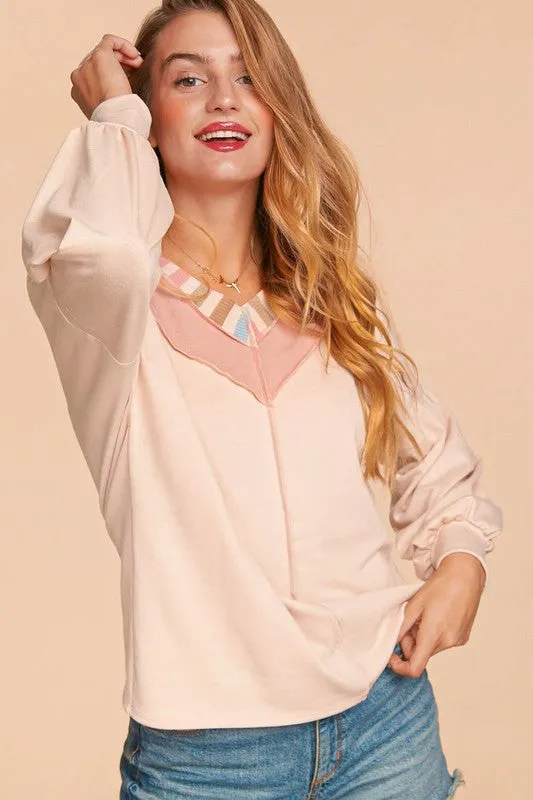 PLUS RAINBOW STRIPE RIB BANDED CHEVRON KNIT TOP