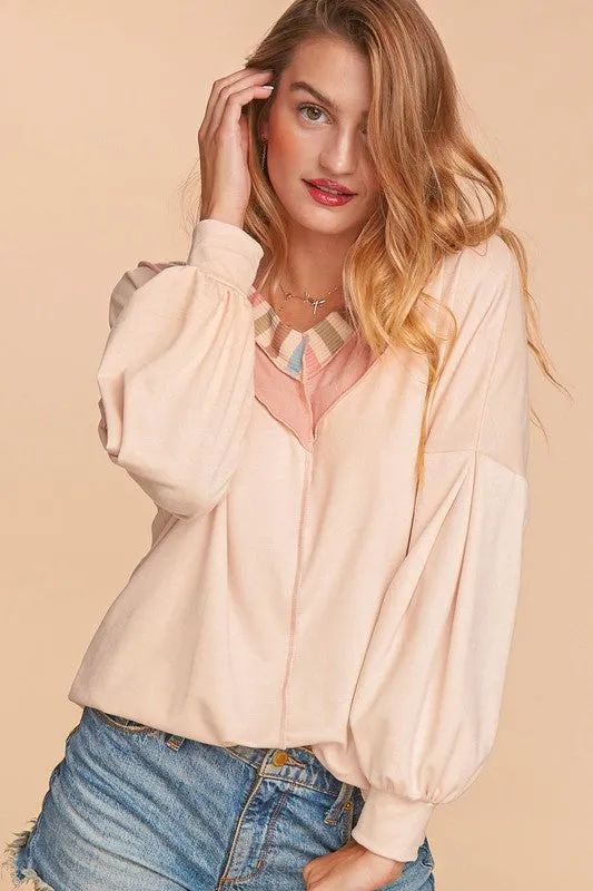 PLUS RAINBOW STRIPE RIB BANDED CHEVRON KNIT TOP
