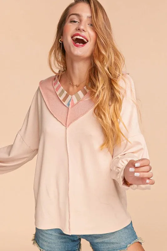 PLUS RAINBOW STRIPE RIB BANDED CHEVRON KNIT TOP
