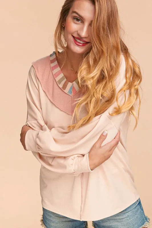 PLUS RAINBOW STRIPE RIB BANDED CHEVRON KNIT TOP