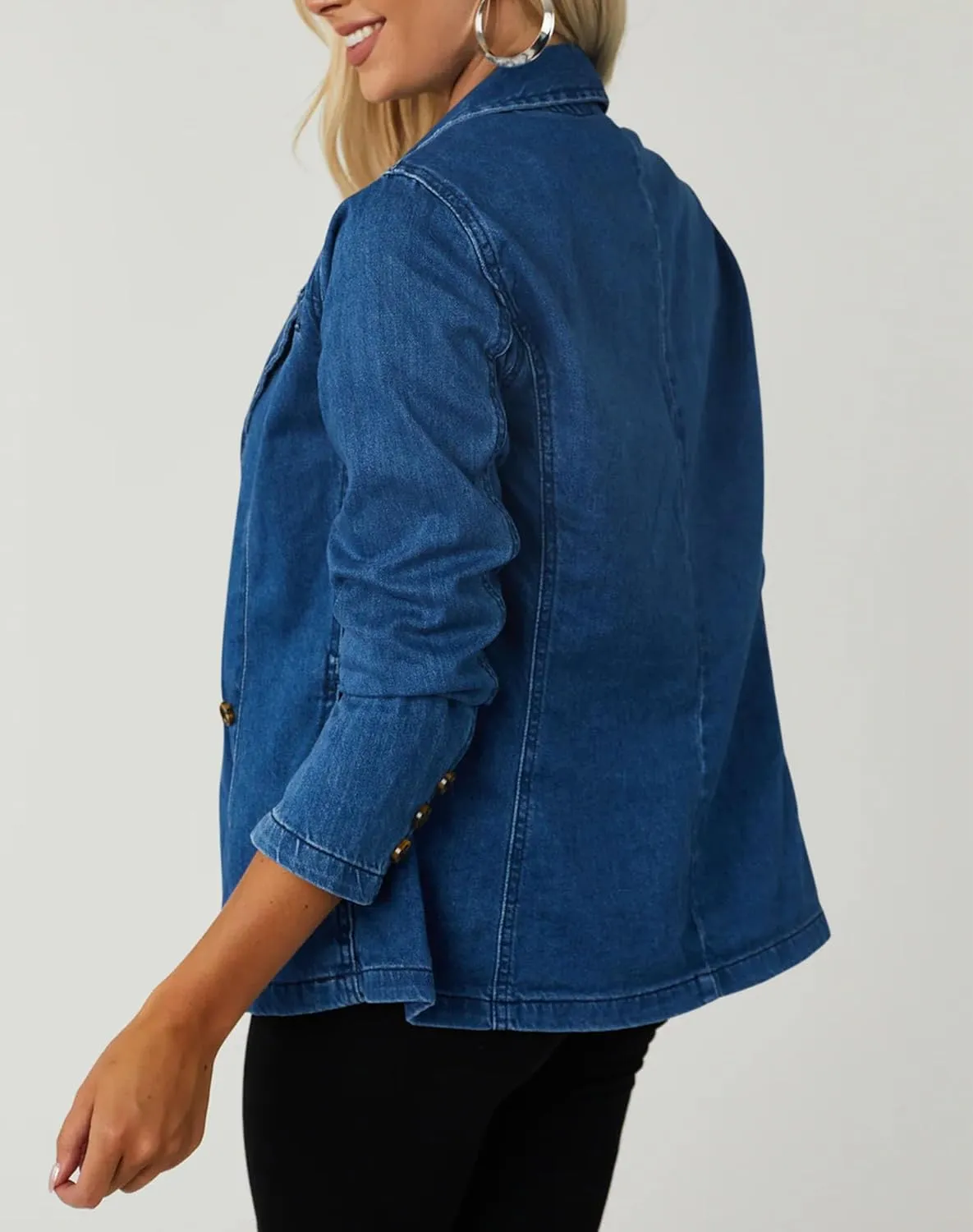 PRETTODAY Women's Casual Denim Blazers Buttoned Long Sleeve Work Office Jackets Blazer with Pockets