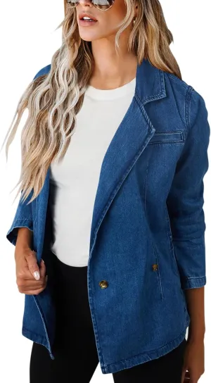PRETTODAY Women's Casual Denim Blazers Buttoned Long Sleeve Work Office Jackets Blazer with Pockets