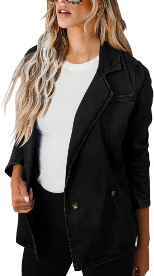 PRETTODAY Women's Casual Denim Blazers Buttoned Long Sleeve Work Office Jackets Blazer with Pockets
