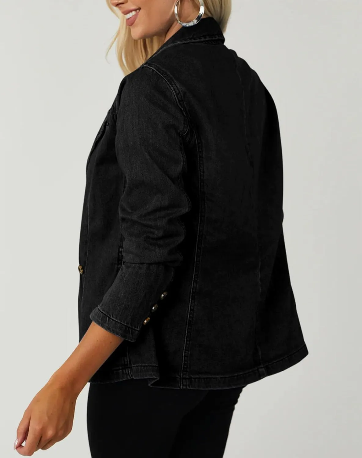 PRETTODAY Women's Casual Denim Blazers Buttoned Long Sleeve Work Office Jackets Blazer with Pockets