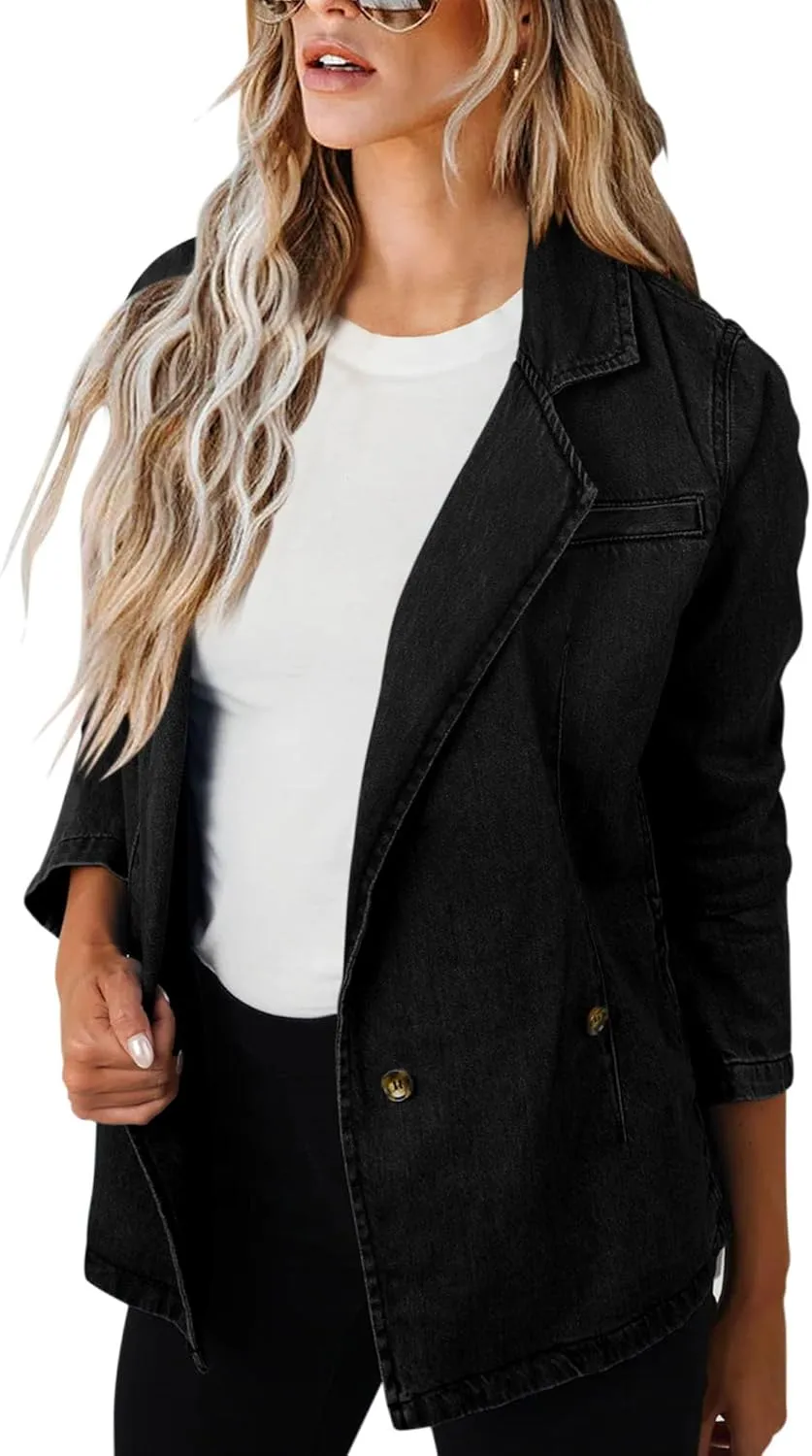 PRETTODAY Women's Casual Denim Blazers Buttoned Long Sleeve Work Office Jackets Blazer with Pockets