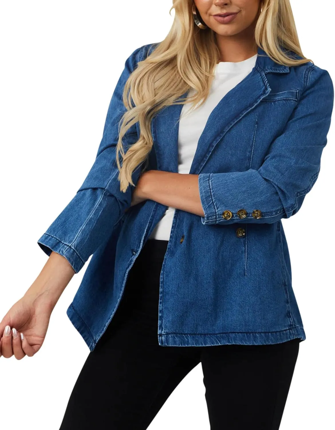 PRETTODAY Women's Casual Denim Blazers Buttoned Long Sleeve Work Office Jackets Blazer with Pockets