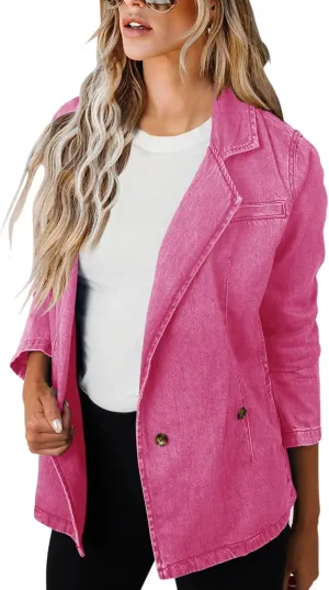 PRETTODAY Women's Casual Denim Blazers Buttoned Long Sleeve Work Office Jackets Blazer with Pockets