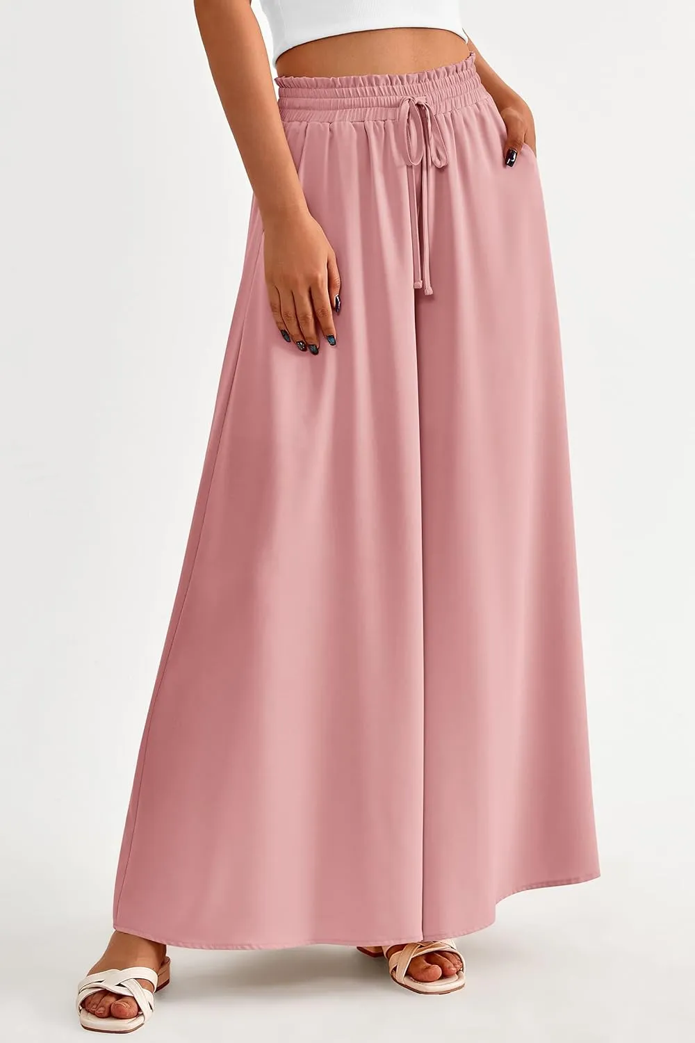 PRETTYGARDEN Women's 2025 Summer Wide Leg Palazzo Pants High Waisted Flowy Pockets Trendy Casual Lounge Boho Beach Trousers