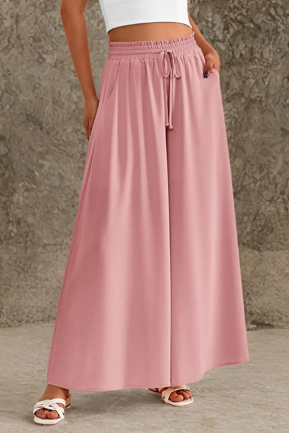 PRETTYGARDEN Women's 2025 Summer Wide Leg Palazzo Pants High Waisted Flowy Pockets Trendy Casual Lounge Boho Beach Trousers