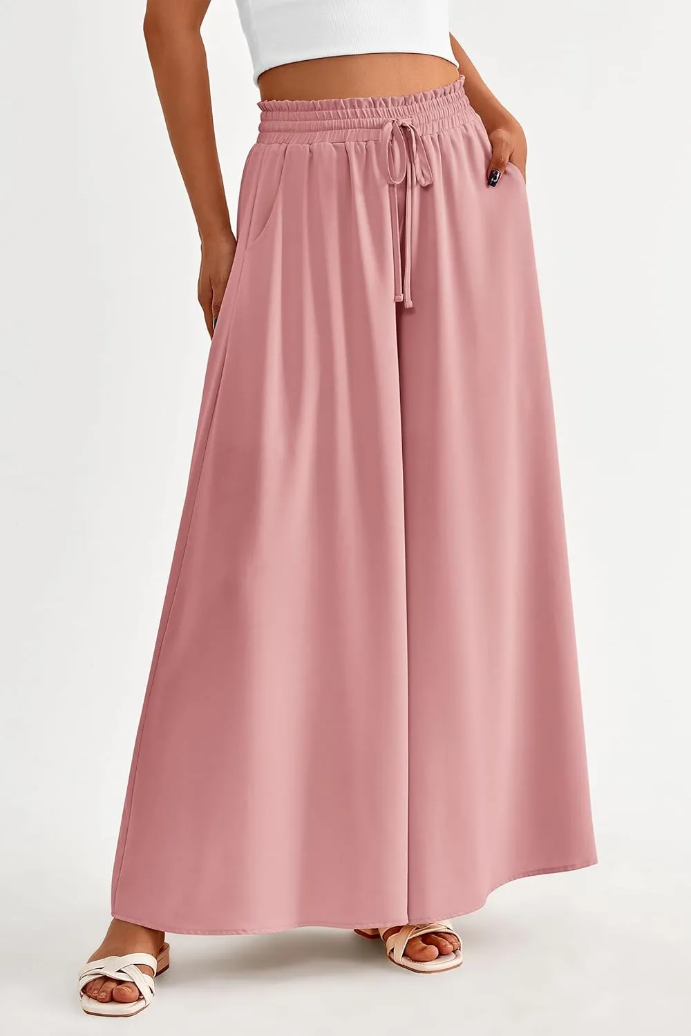 PRETTYGARDEN Women's 2025 Summer Wide Leg Palazzo Pants High Waisted Flowy Pockets Trendy Casual Lounge Boho Beach Trousers