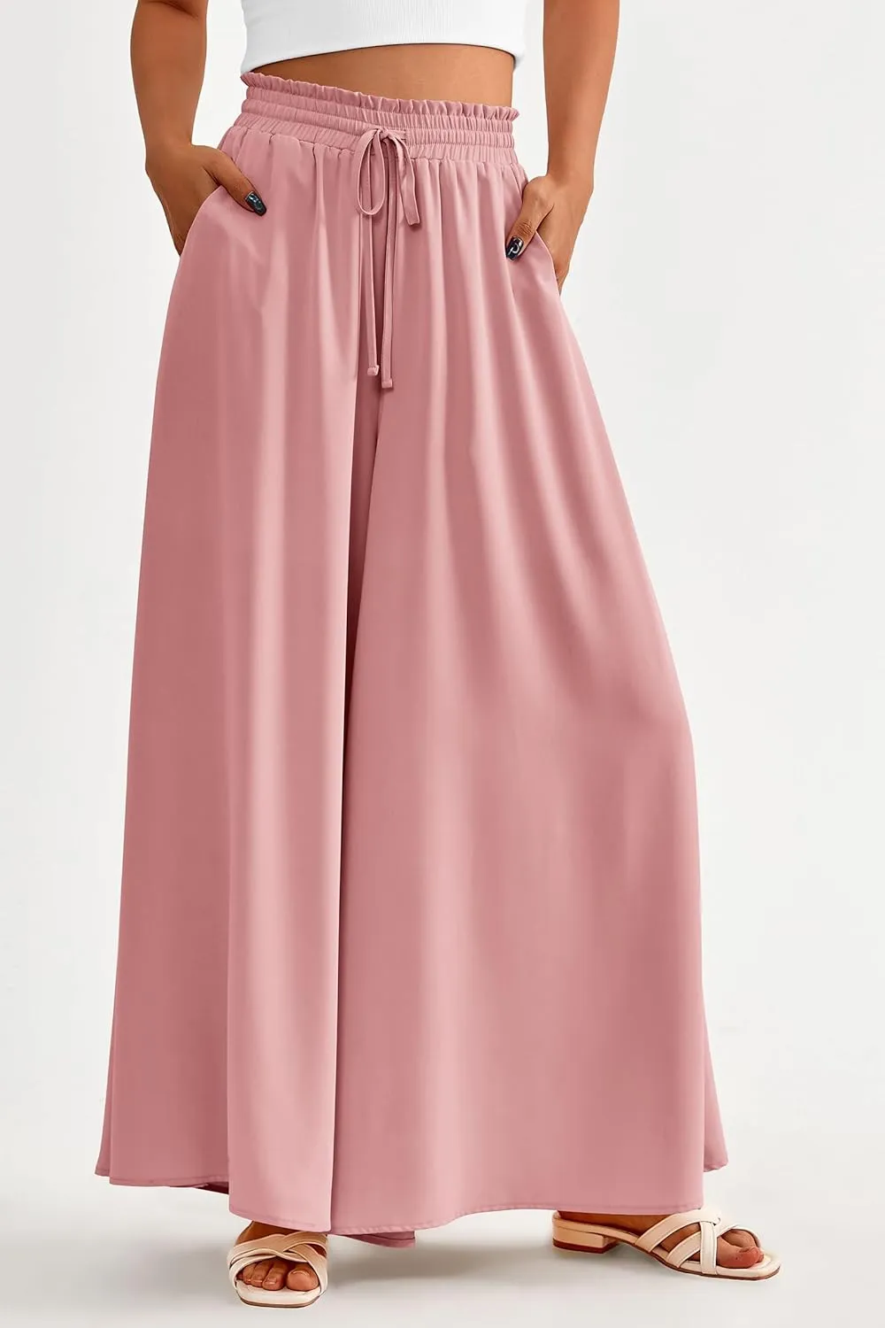 PRETTYGARDEN Women's 2025 Summer Wide Leg Palazzo Pants High Waisted Flowy Pockets Trendy Casual Lounge Boho Beach Trousers
