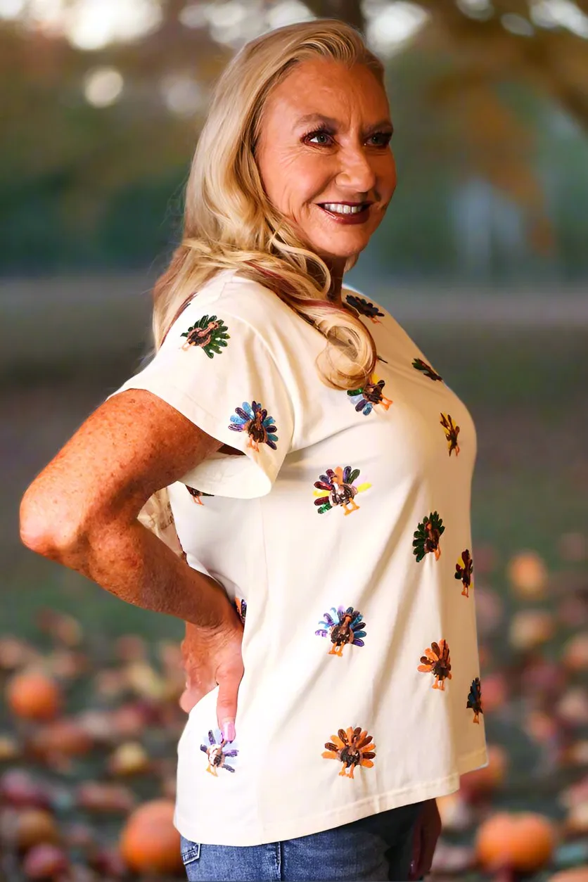 Queen Of Sparkles Beige Multi Scattered Turkey Tee