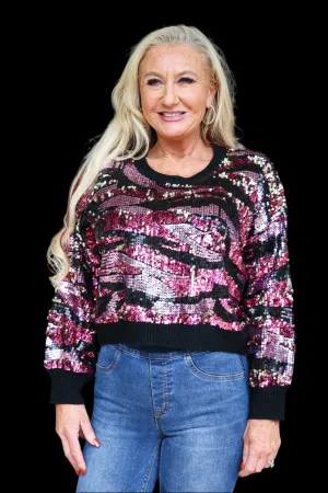 Queen Of Sparkles Black Pink And Purple Sequin Tiger Print Sweater