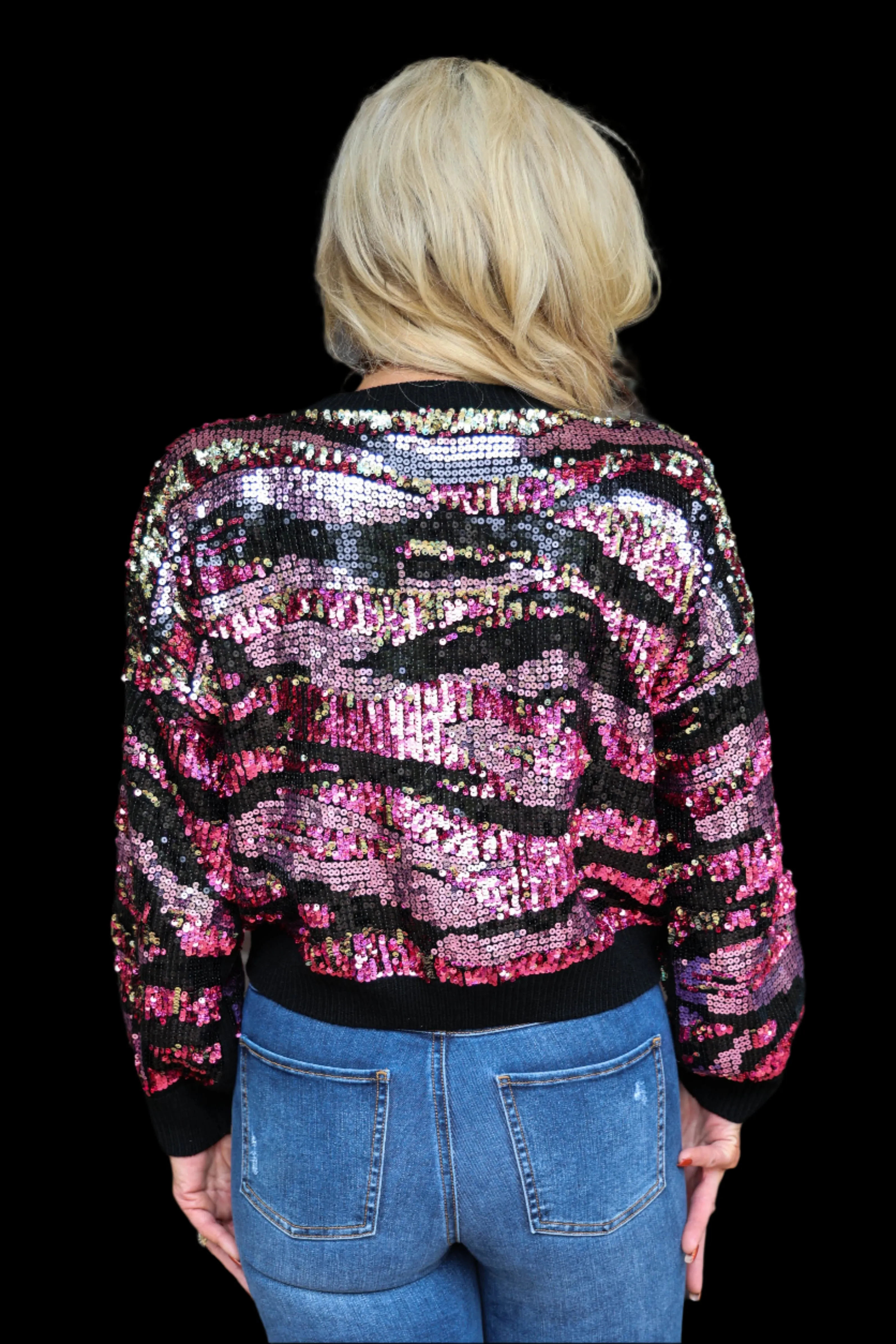Queen Of Sparkles Black Pink And Purple Sequin Tiger Print Sweater