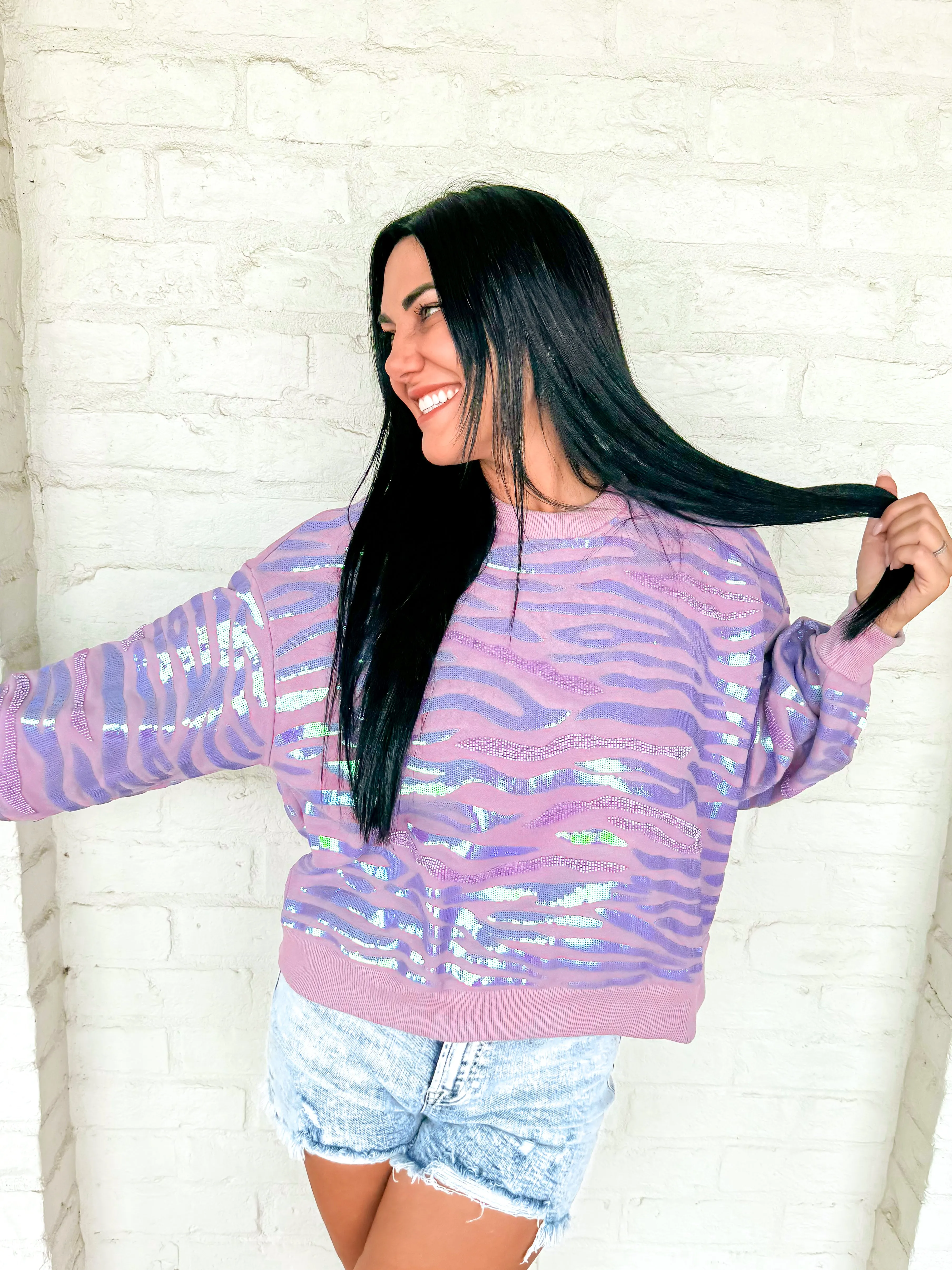 Queen of Sparkles Lavender Seed Bead & Sequin Embellished Tiger Sweatshirt
