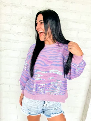 Queen of Sparkles Lavender Seed Bead & Sequin Embellished Tiger Sweatshirt
